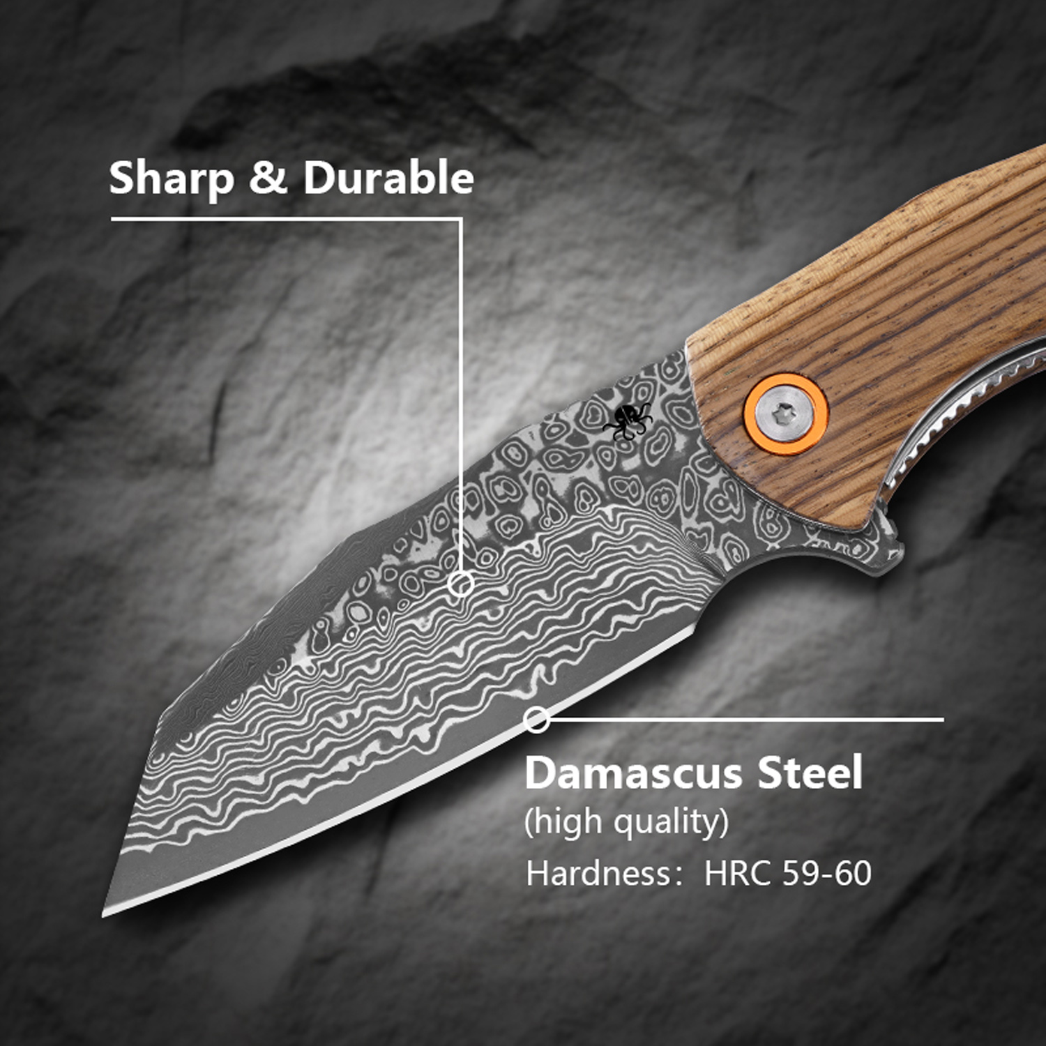 Klaken Knives - J338-ZW-DAM - Askael - Folding Knife - Damascus Wharncliffe - Carbon Fiber - Wood - Image 5