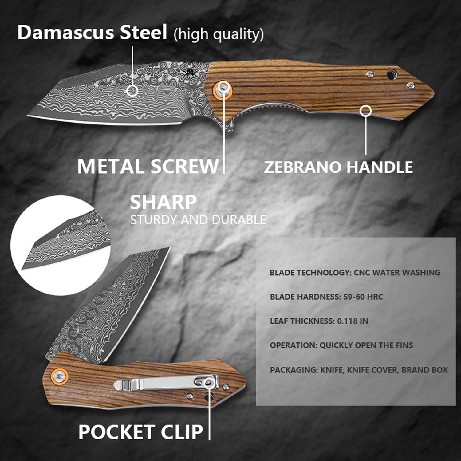 Klaken Knives - J338-ZW-DAM - Askael - Folding Knife - Damascus Wharncliffe - Carbon Fiber - Wood - Image 4