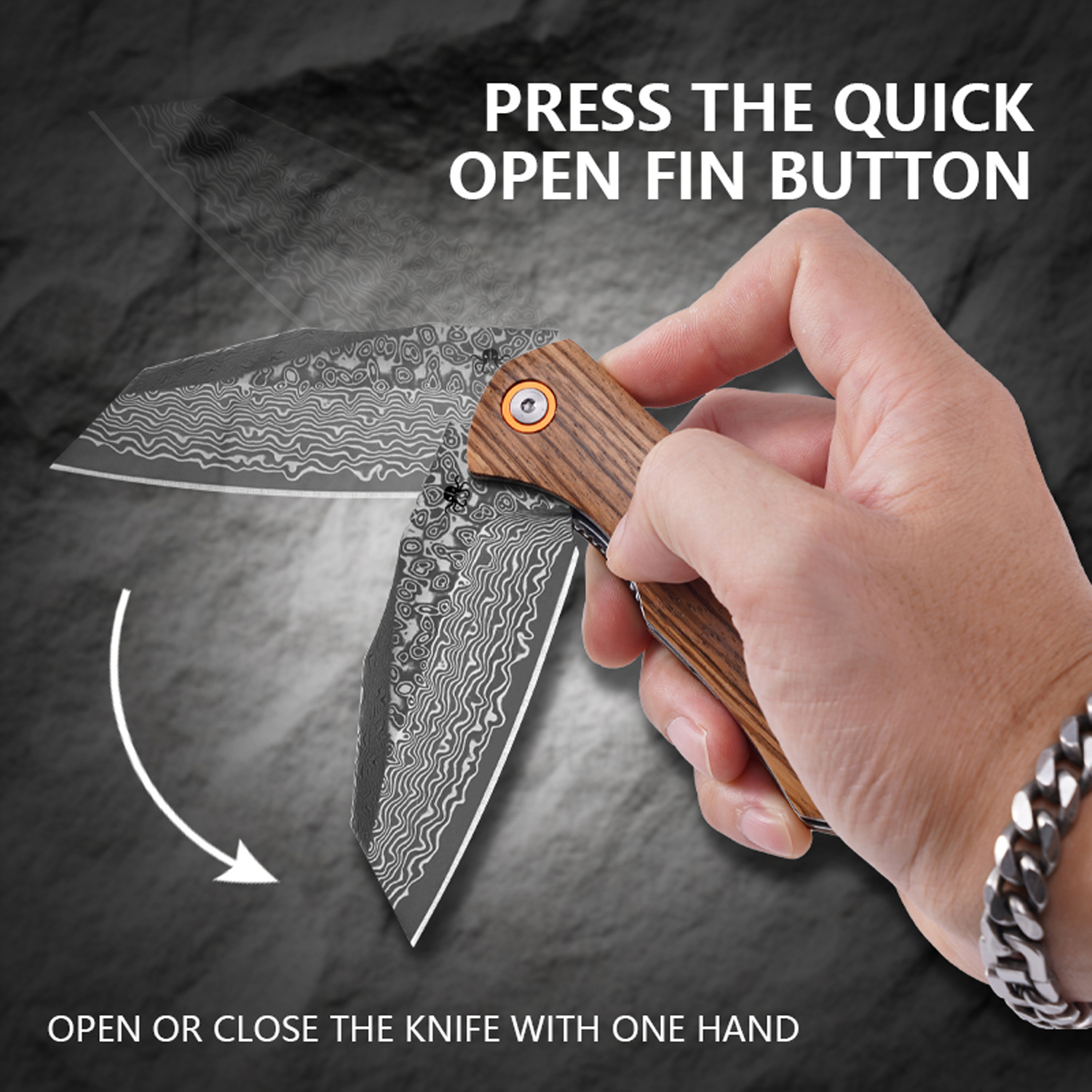 Klaken Knives - J338-ZW-DAM - Askael - Folding Knife - Damascus Wharncliffe - Carbon Fiber - Wood - Image 3