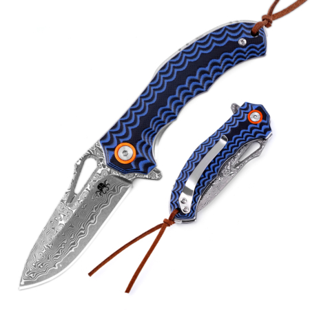 Klaken Knives – J345-BL-DAM – Tideborn – Folding Knife – Damascus Damascus Spear Point – G10 – Blue