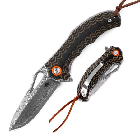 Klaken Knives – J345-BR-DAM – Tideborn – Folding Knife – Damascus Damascus Spear Point – G10 – Brown