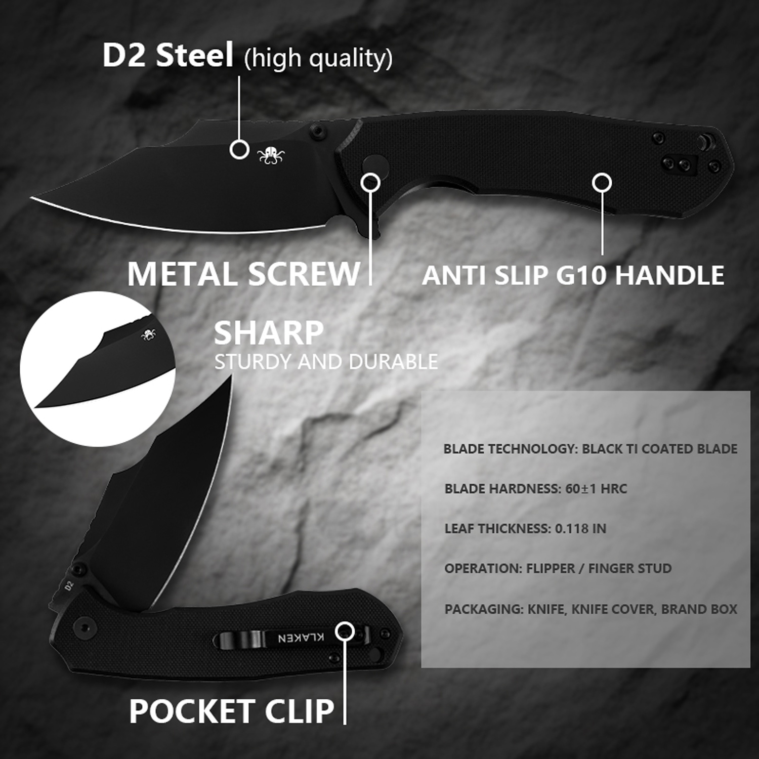 Klaken Knives - K01-BK-BK - Specter - Folding Knife - D2 Coated Clip Point - G10 - Black - Image 4