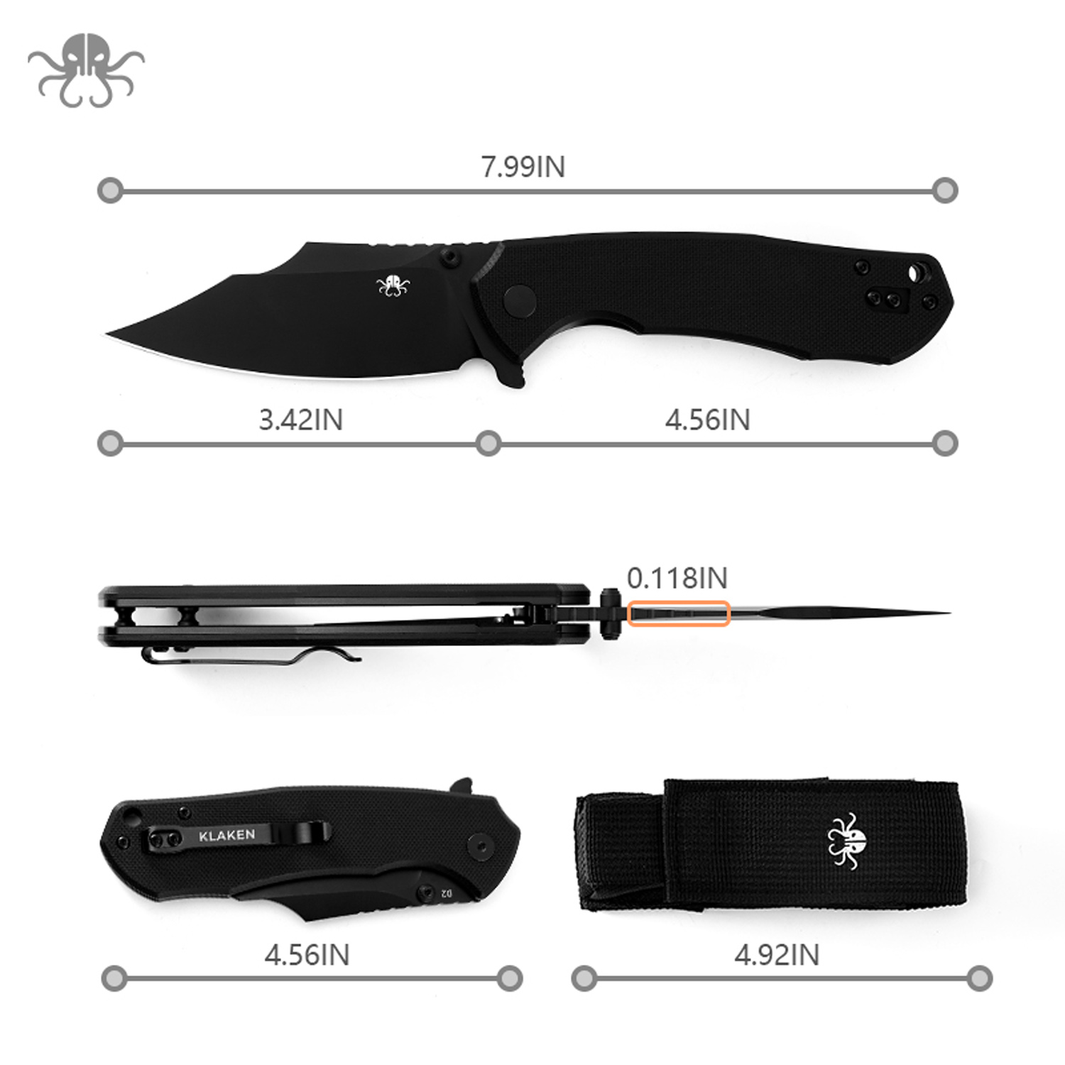 Klaken Knives - K01-BK-BK - Specter - Folding Knife - D2 Coated Clip Point - G10 - Black - Image 2