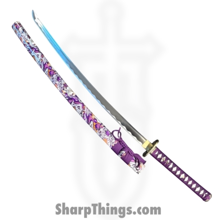 Onikiri – KON47 – 41in Handmade Lotus Katana – Fixed Blade Knife – 1045 HC Satin – Cord Wrapped – Purple