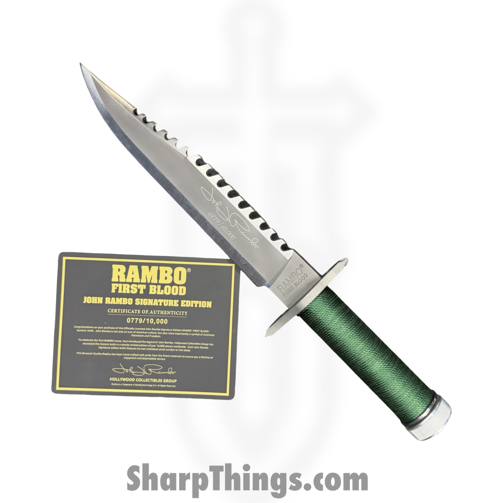 Rambo Knives - RB9423 - First Blood John Rambo - Fixed Blade Knife - Stainless Satin Saw Back - Cord Wrapped - OD Green