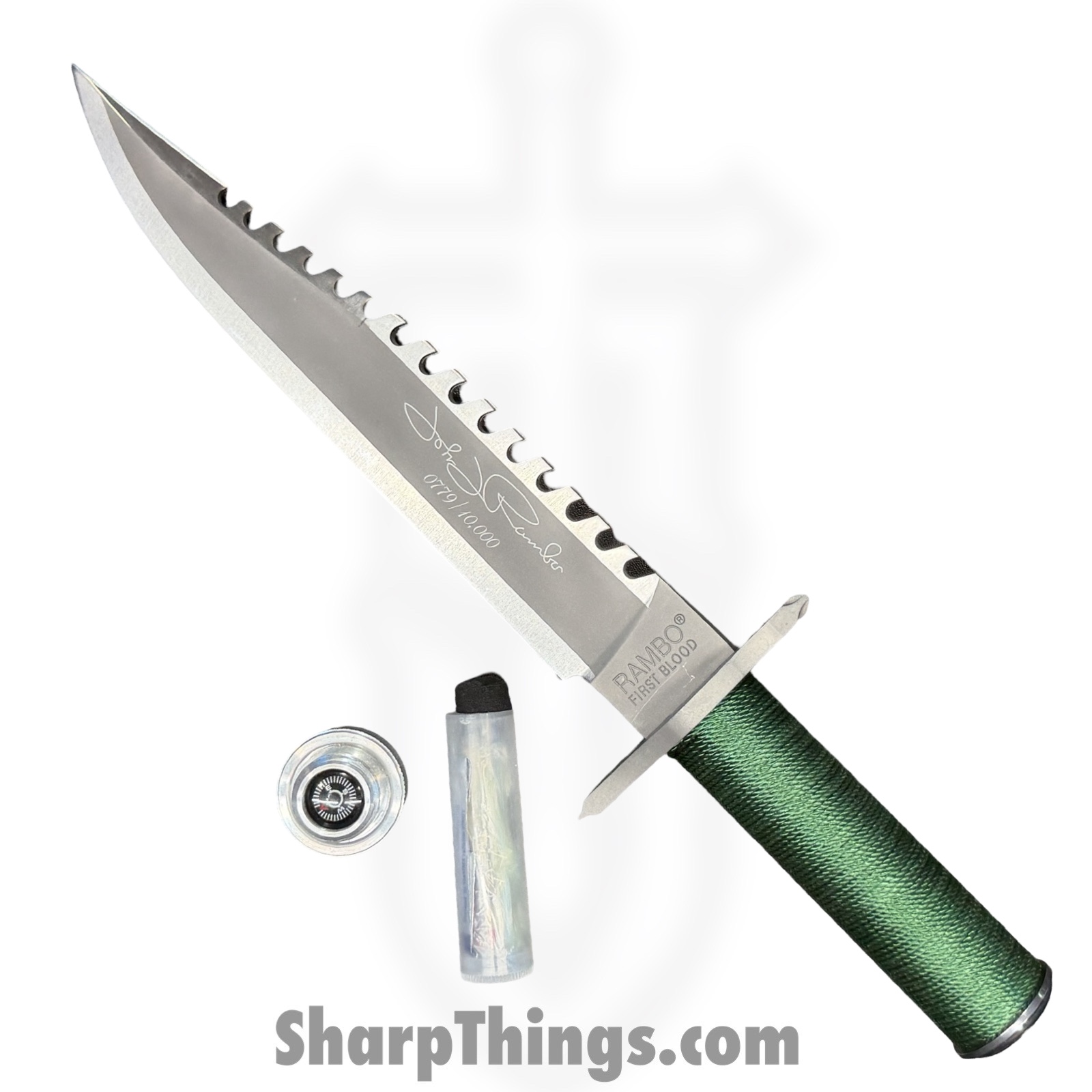Rambo Knives - RB9423 - First Blood John Rambo - Fixed Blade Knife - Stainless Satin Saw Back - Cord Wrapped - OD Green - Image 4
