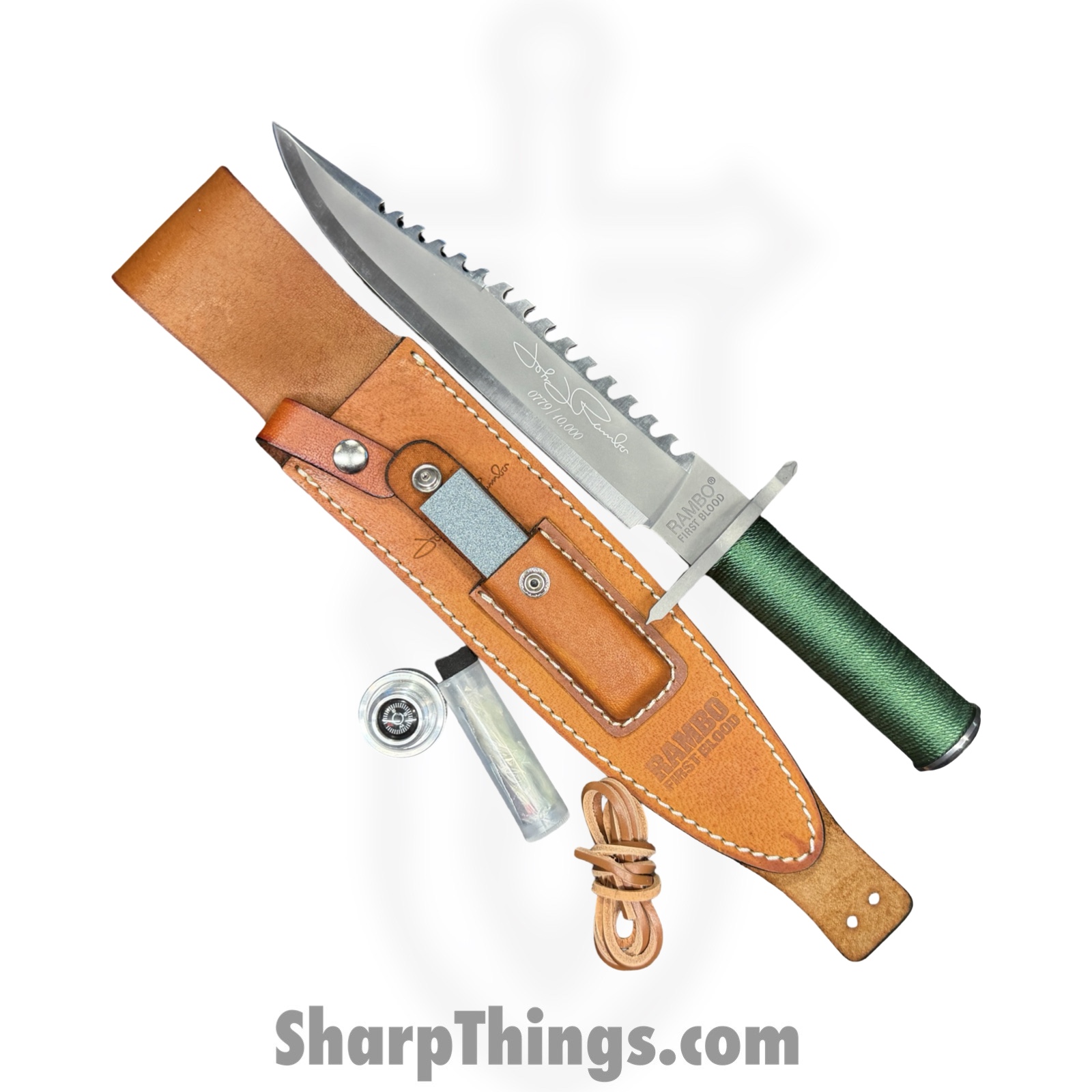 Rambo Knives - RB9423 - First Blood John Rambo - Fixed Blade Knife - Stainless Satin Saw Back - Cord Wrapped - OD Green - Image 3