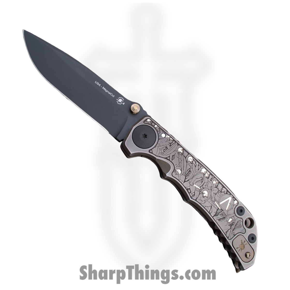 Spartan Blades - SF5SBAT - Harsey Custom - Folding Knife - CPM MagnaCut Coated Drop Point - "Battle of Thermopylae" Titanium - Spartan Battle