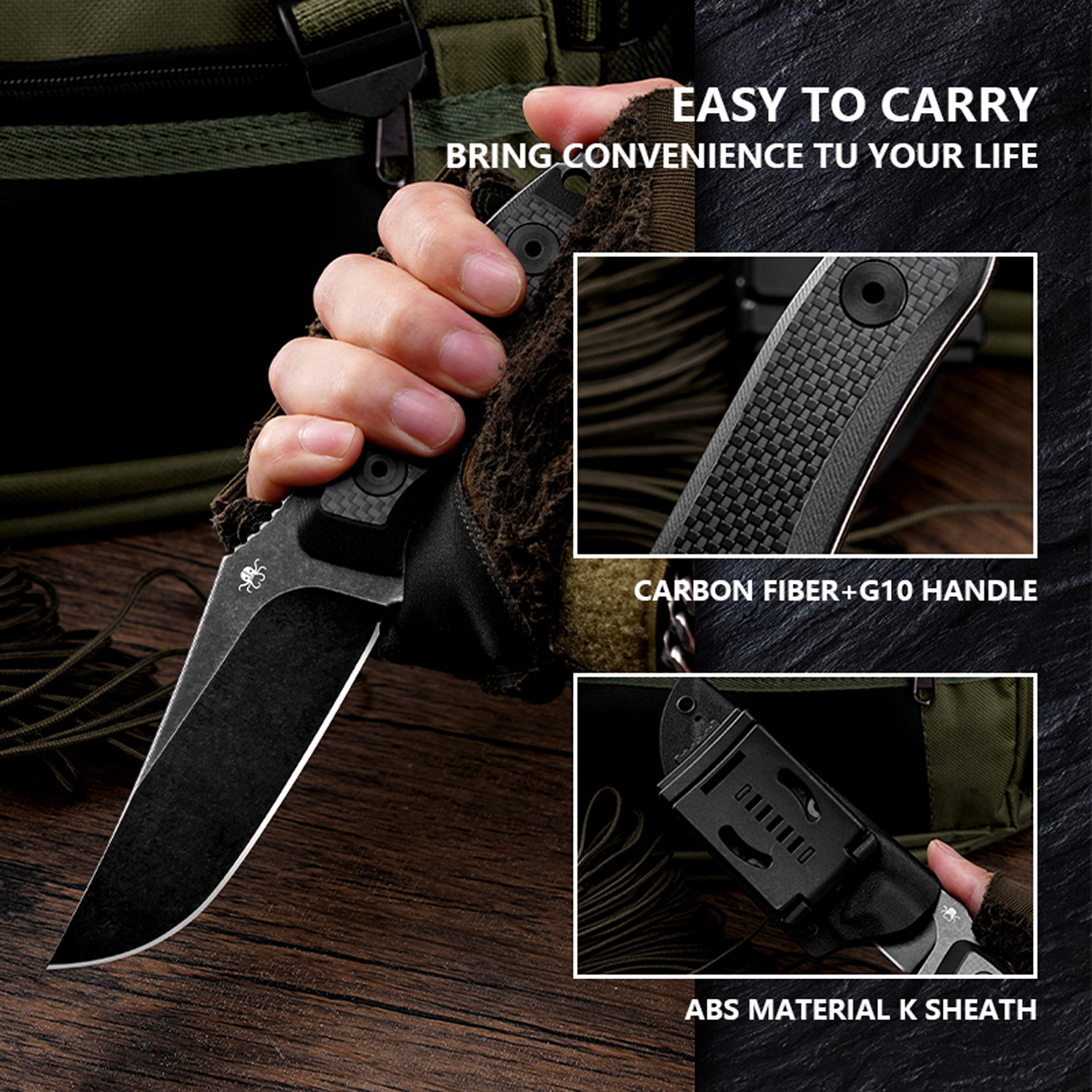 Klaken Knives - Z012-BK-BK - Duskhorn - Fixed Blade Knife - D2 Stonewash Drop Point - G10 - Black - Image 2