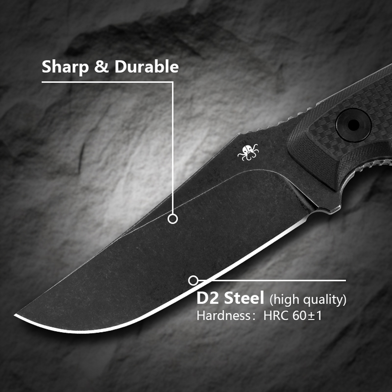 Klaken Knives - Z012-BK-BK - Duskhorn - Fixed Blade Knife - D2 Stonewash Drop Point - G10 - Black - Image 8