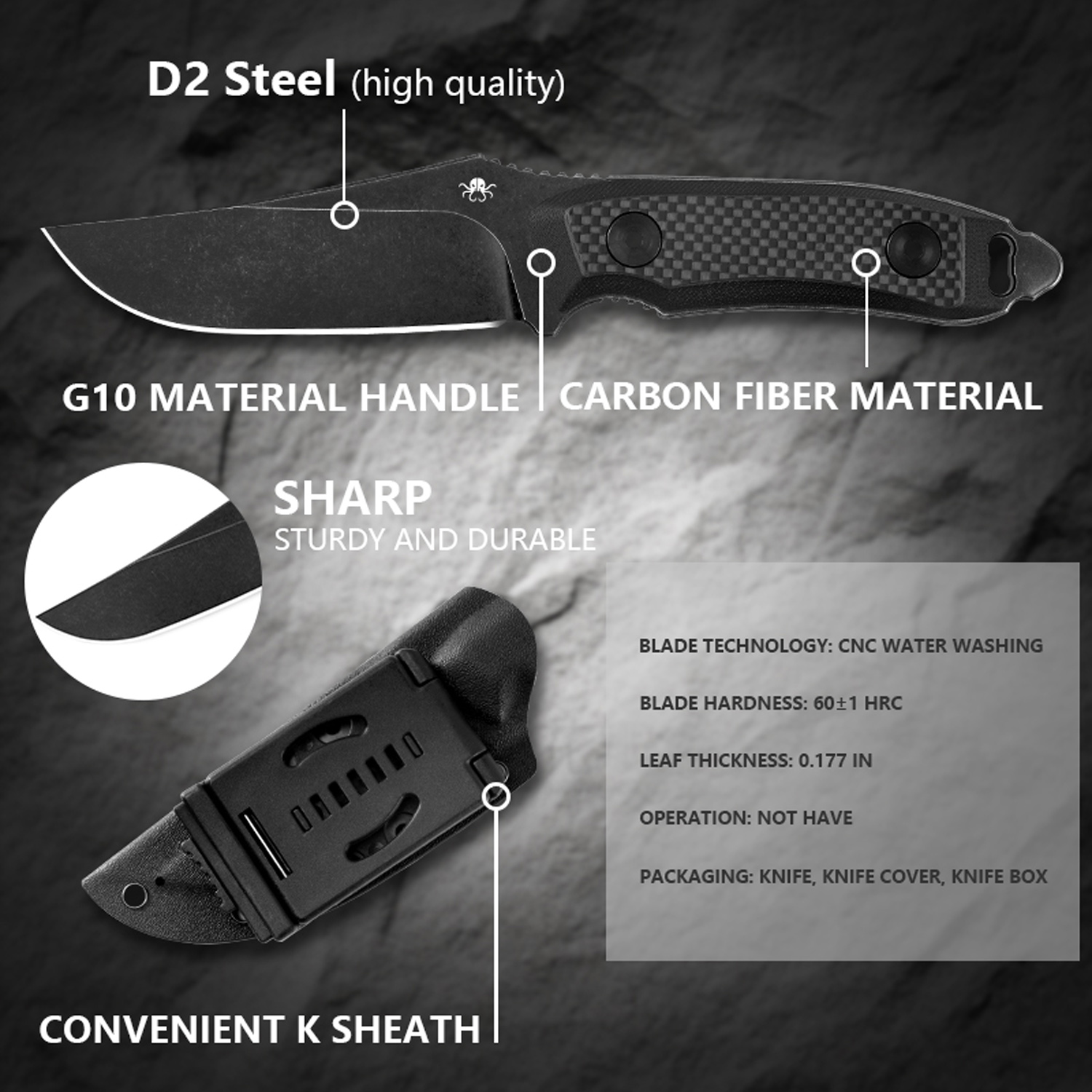 Klaken Knives - Z012-BK-BK - Duskhorn - Fixed Blade Knife - D2 Stonewash Drop Point - G10 - Black - Image 7