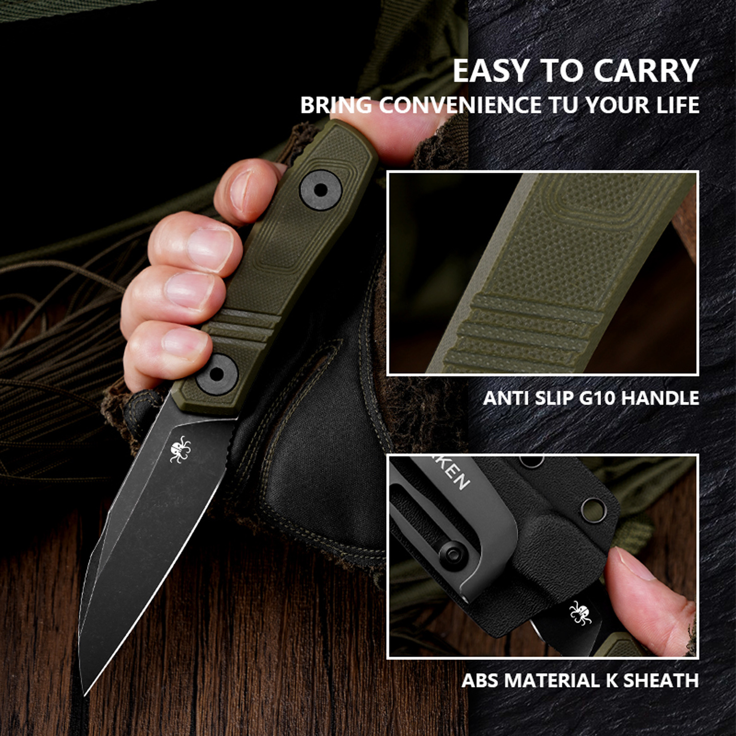 Klaken Knives - Z068-GR-BK - Phantom - Fixed Blade Knife - 14C28N