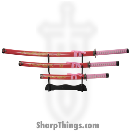VOC – CN927029PK – Gold Dragon Samurai Set – Fixed Blade Knife – Carbon Steel Satin Multi – Cord Wrapped – Pink