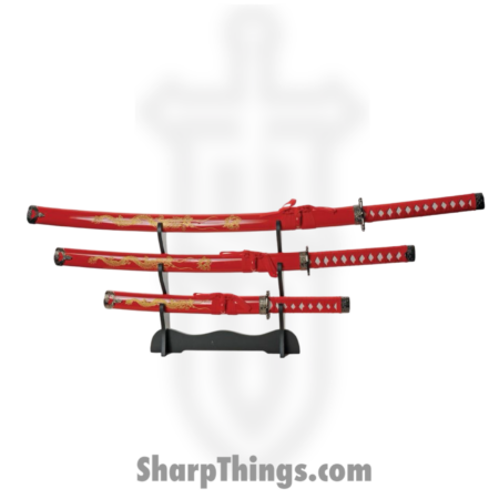 VOC – CN927029RD – Gold Dragon Samurai Set – Fixed Blade Knife – Carbon Steel Satin Multi – Cord Wrapped – Red