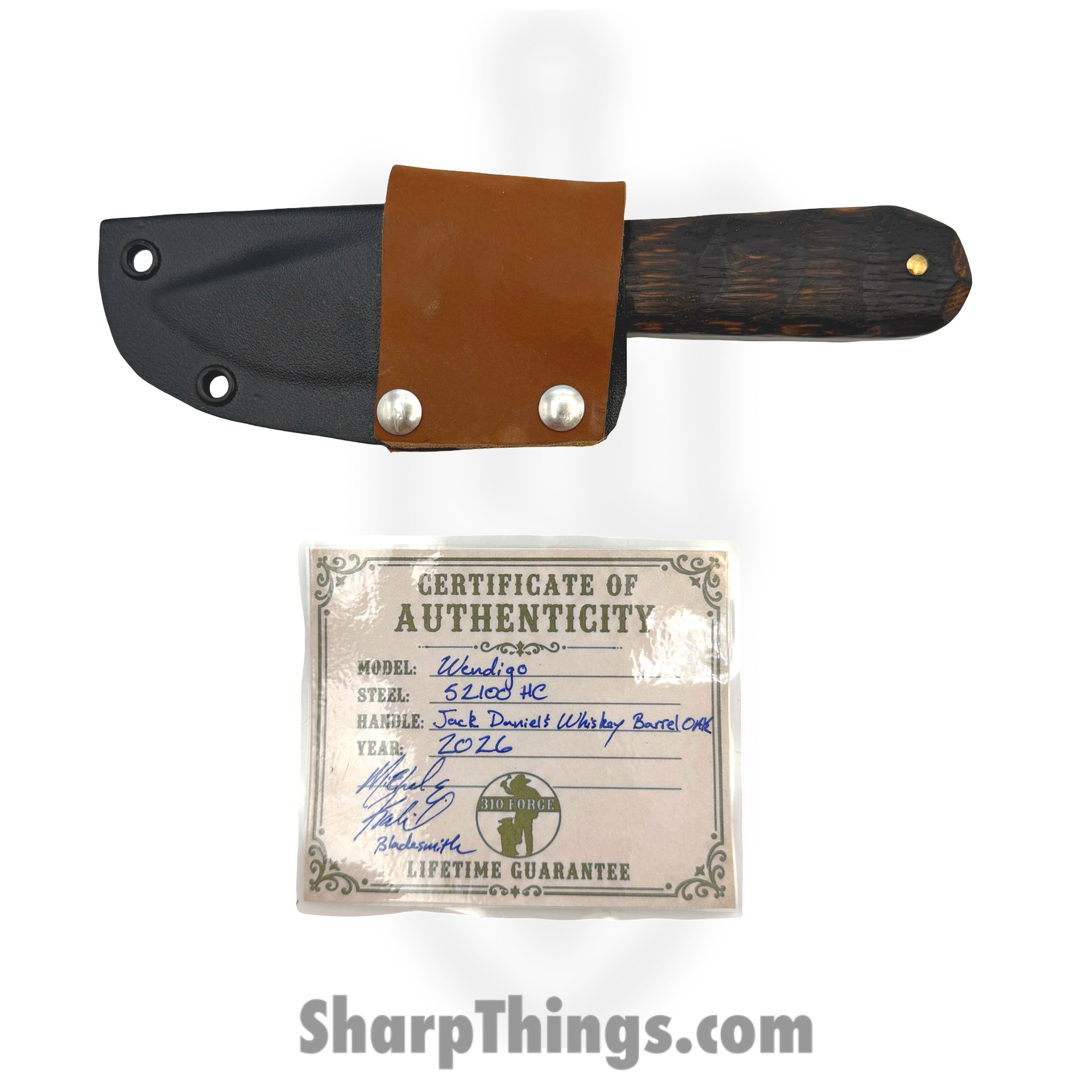 310 Forge - 310WEND0610A - Wendigo Custom (Leather) - Fixed Blade Knife - 52100 HC Two Tone Drop Point - Jack Daniels Whiskey Barrel - Black, Brown - Image 2