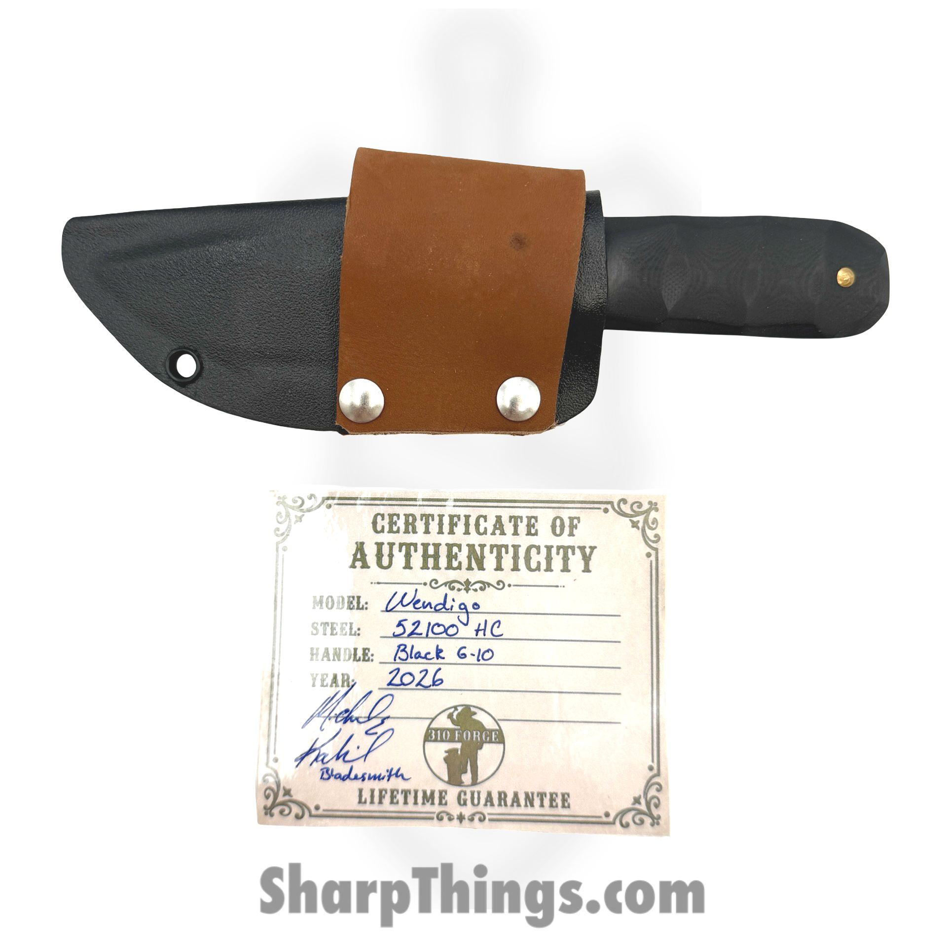 310 Forge - 310WEND0610E - Wendigo Custom (Leather) - Fixed Blade Knife - 52100 HC Two Tone Drop Point - G10 - Black - Image 2