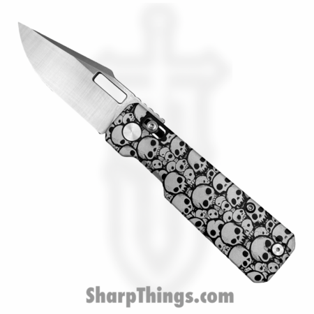 Vero Engineering – Vero_BSA_0B – Aura – Folding Knife – 14C28N Satin Drop Point – Aluminum Skulls – Black