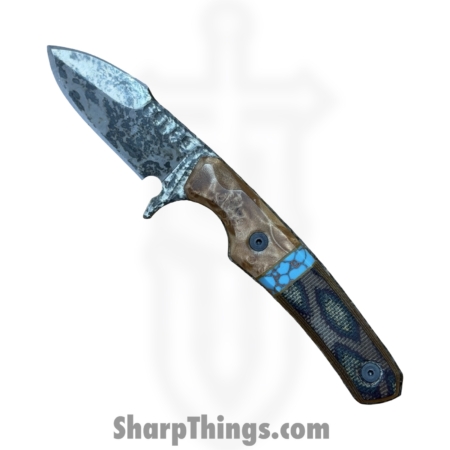 Lex Rex – LRBSA001 – EDC Kestrel – Fixed Blade Knife – 80CRV2 Patina DE Spear Point – Burl Wood, Truestone, Micarta – Black, Blue, Brown