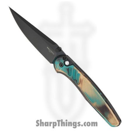 ProTech – PN1103-SHIPWRECK – Avalon – Automatic Knife – CPM MagnaCut Coated Drop Point – Knurled “Shipwreck” Aluminum – Blue Brown Tan